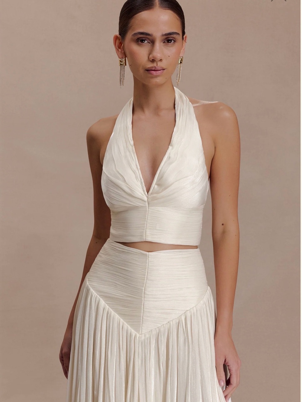 Meshki Makena gathered v neck Cream Halter Crop Top opal white